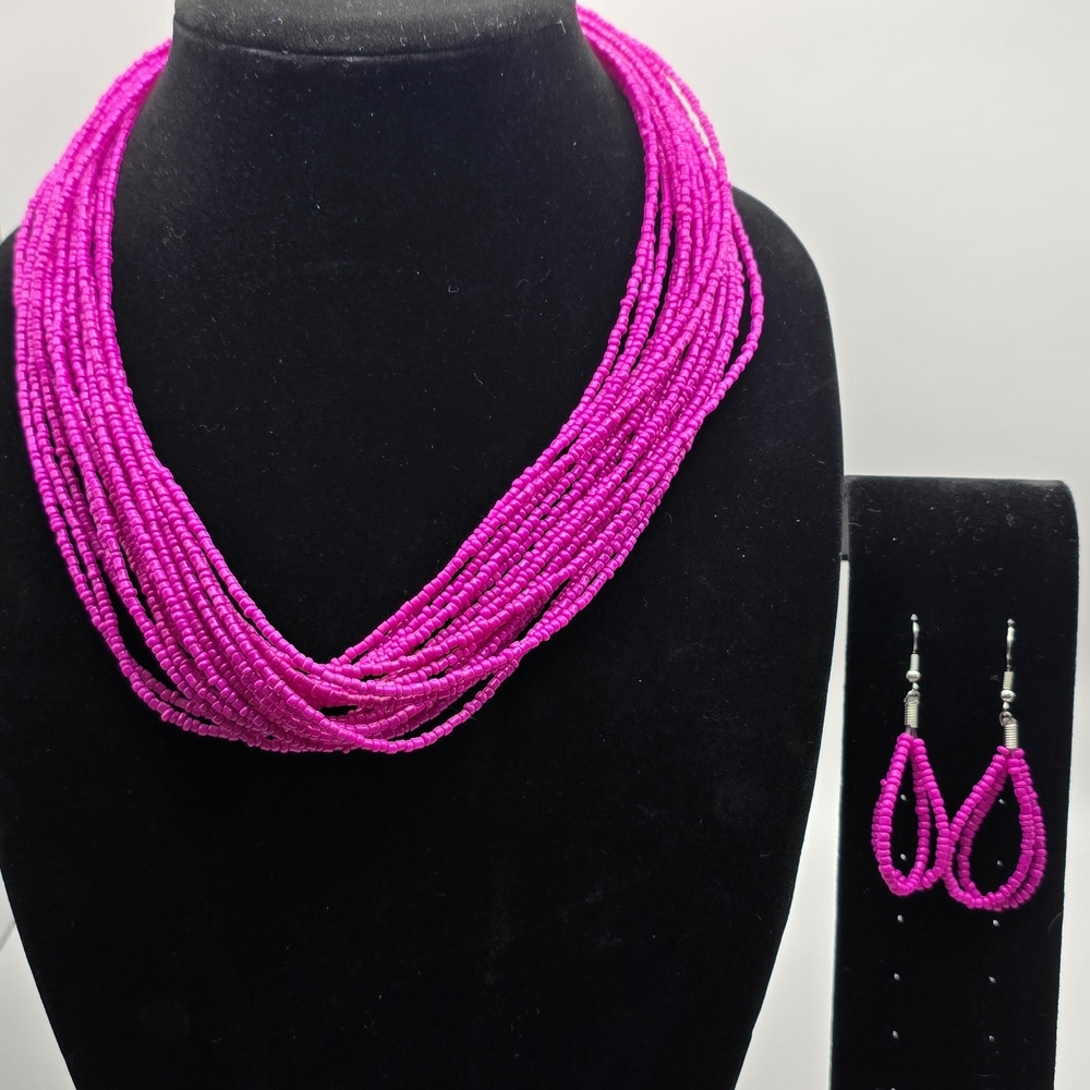 Bright Pink Beaded Necklace and Earring Set